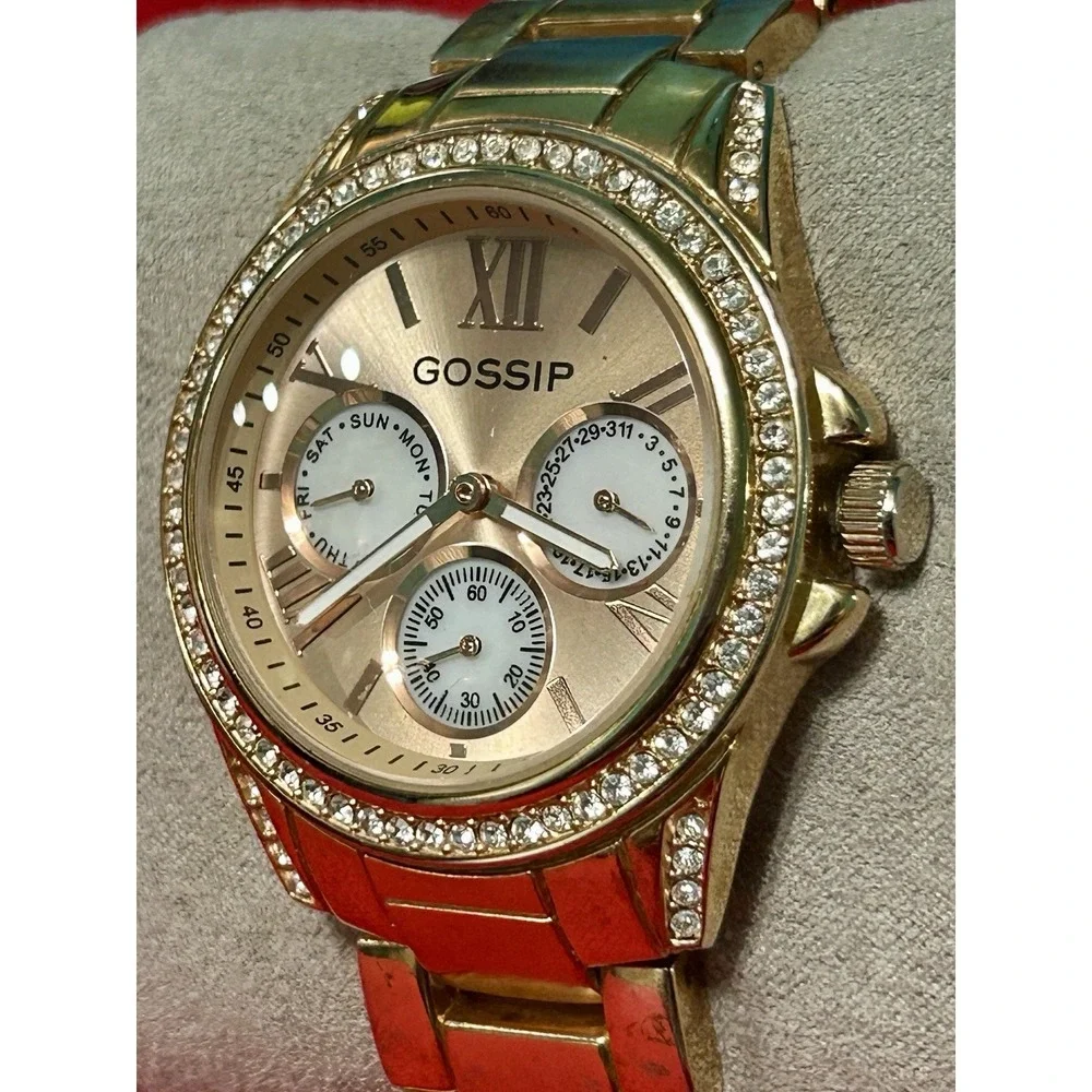 Gossip Day Date Crystal Accent Rose Gold Tone Watch New Battery